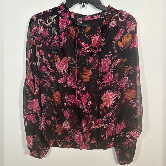 INC International Concepts Tops - INC Black Pink Floral Sheer Long Sleeve Peasant Blouse Size L